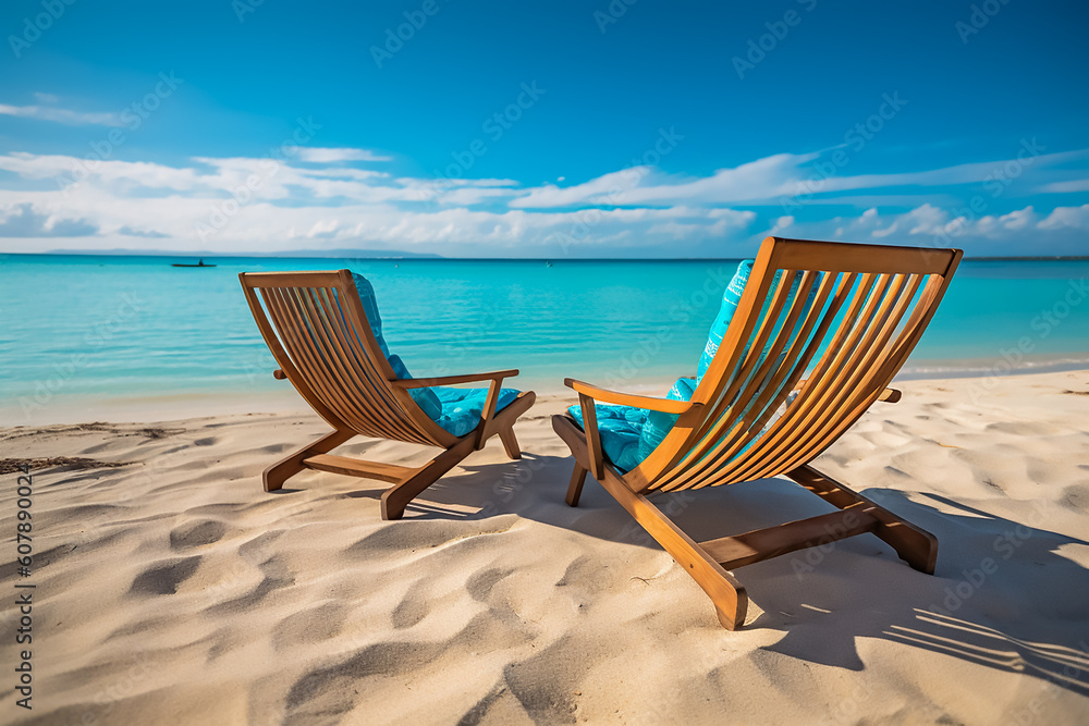 A beautiful pair of lounge chairs lying on the beach A beautiful pair of lounge chairs lying on the beach