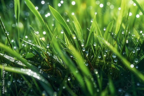 Sparkling morning dew on a patch of green grass, accentuating the connection between chlorophyll, water, and the natural environment. Generative AI