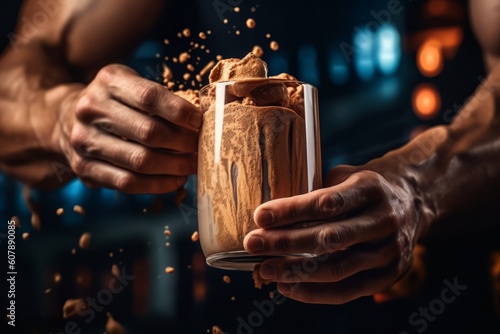Capturing an athlete in action, holding a protein shake made with sunflower seed protein, emphasizing its role in sports nutrition and muscle recovery. Generative Ai