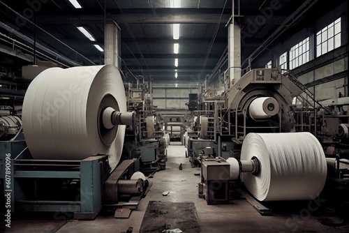 pulp and paper factory, with endless rows of rolling machines producing rolls of paper, created with generative ai