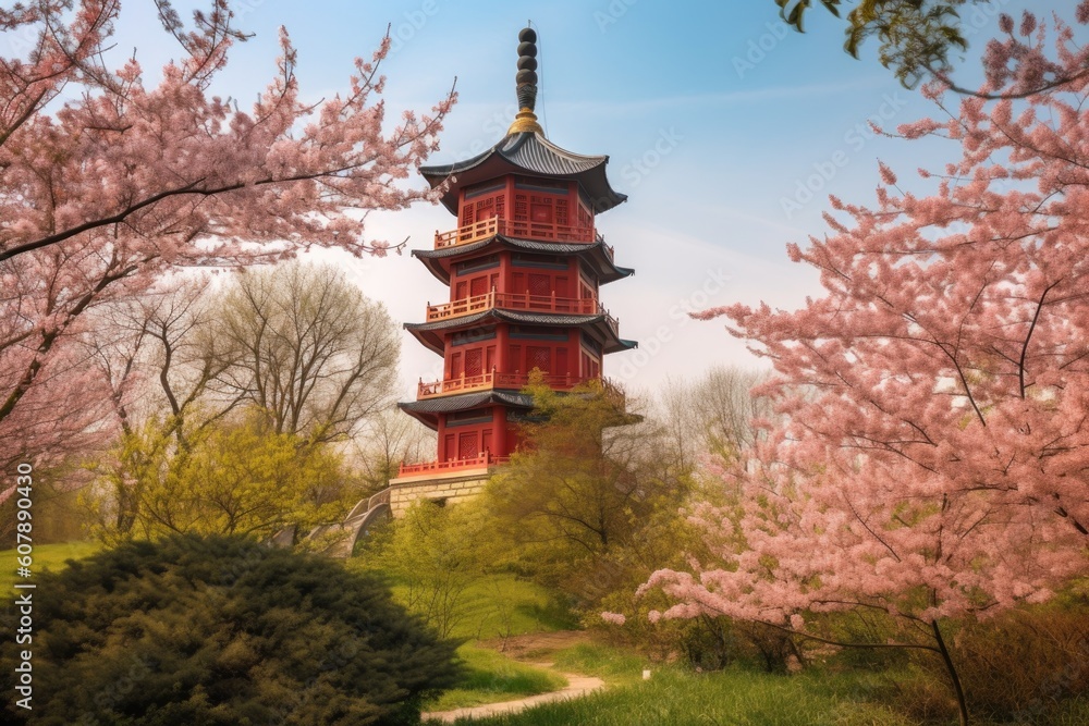 Fototapeta premium chinese pagoda surrounded by blooming cherry blossem in springtime, created with generative ai