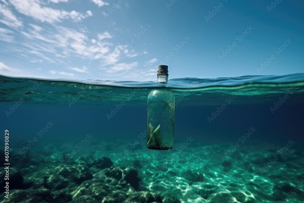 clean green, eco and sustainable water with a bottle for recycling in an ocean, created with generative ai clean green, eco and sustainable water with a bottle for recycling in an ocean, created with generative ai