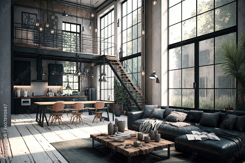 industrial home with sleek furniture and minimalist design elements, created with generative ai