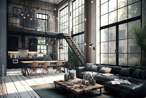 industrial home with sleek furniture and minimalist design elements  created with generative ai