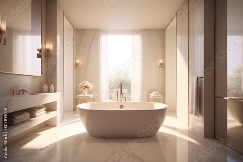 An image featuring a luxurious spa-like bathroom with a freestanding bathtub  marble accents  and soothing lighting  creating a serene oasis for relaxation. Generative AI