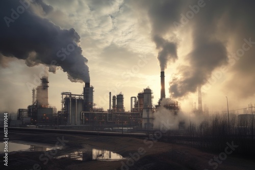 chemical plant  with smoke and steam rising from its chimneys  air pollution visible in the sky  created with generative ai