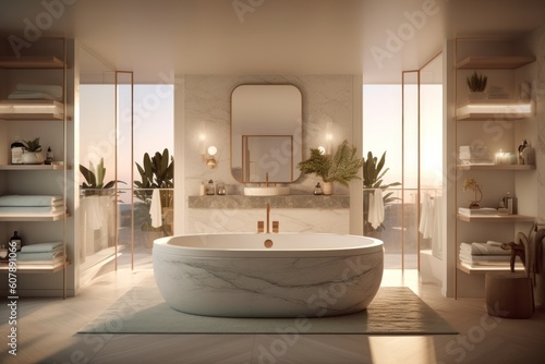 An image featuring a luxurious spa-like bathroom with a freestanding bathtub  marble accents  and soothing lighting  creating a serene oasis for relaxation. Generative AI