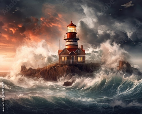 A stormy scene with a lighthouse in a digital panorama. (Illustration, Generative AI)