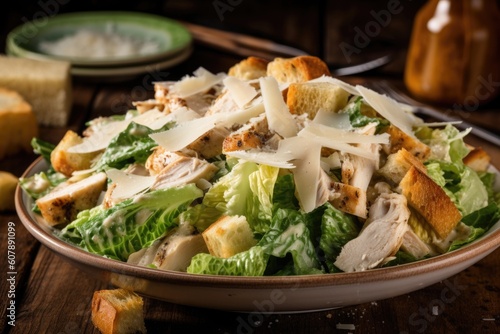 pile of chicken caesar salad, topped with croutons and parmesan cheese, created with generative ai