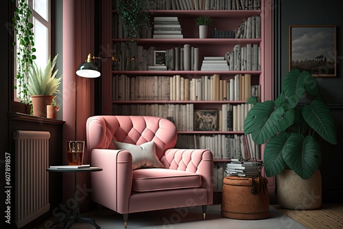 pink armchair in cozy living room, surrounded by bookshelves and warm decor, created with generative ai © altitudevisual