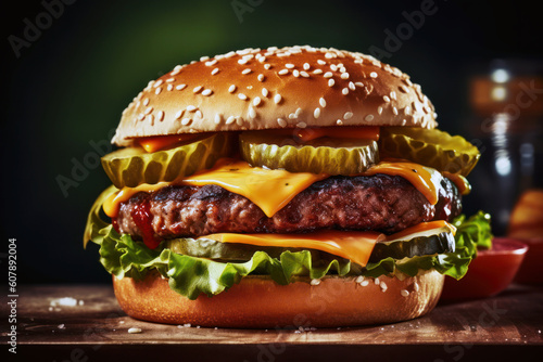 Hamburger with cheese, tomatoes, lettuce, pickles and delicious sauces on black background. generative ai