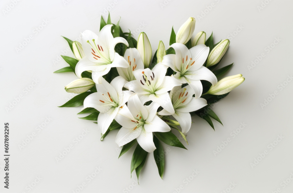 A bunch of white lilies in a heart shape on a white background. AI generative