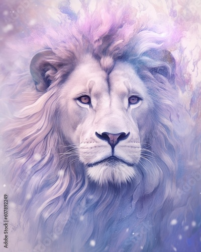 dreamlike watercolor lion print where the lion appears almost mystical. soft, pastel colors like lavender, blush pink, and pale blue to create a serene and otherworldly atmosphere. Generative AI © PinkiePie