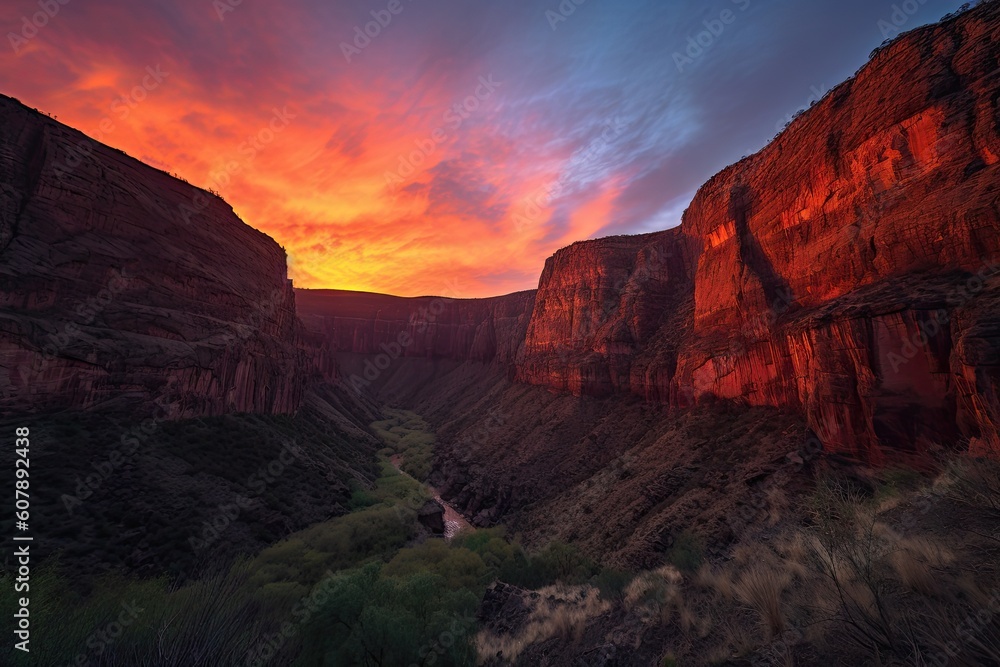fiery sunset, with the sun dipping behind canyon walls, casting warm glow on towering cliffs, created with generative ai
