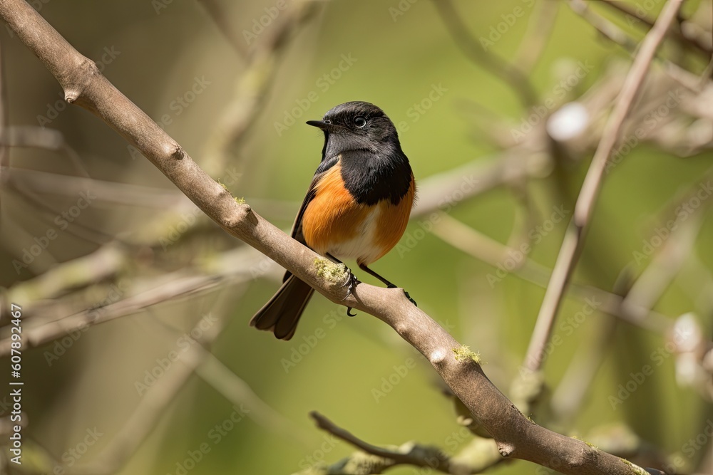 male redstart perched on branch, with wings spread, created with generative ai male redstart perched on branch, with wings spread, created with generative ai