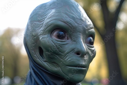 close-up of alien's face, with peaceful and serene expression, enjoying a walk in the park, created with generative ai