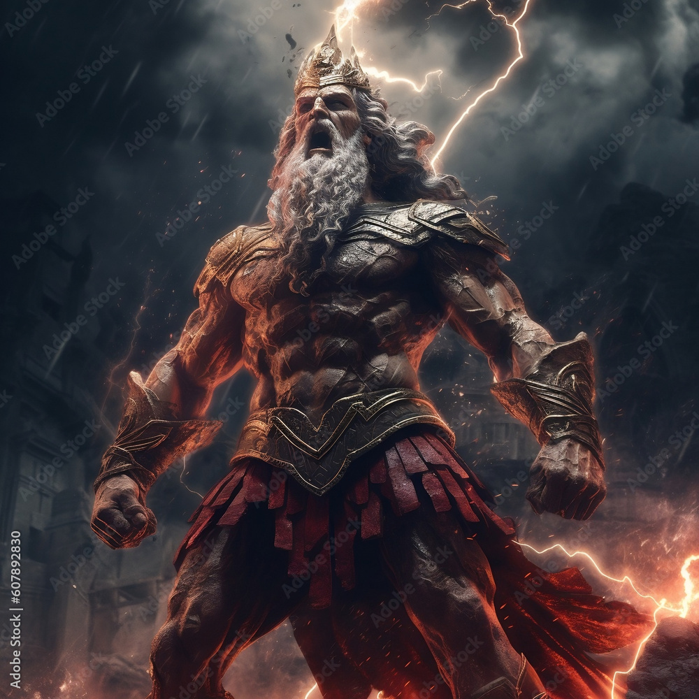 Zeus, the king of the gods in Greek mythology. He is depicted with a ...