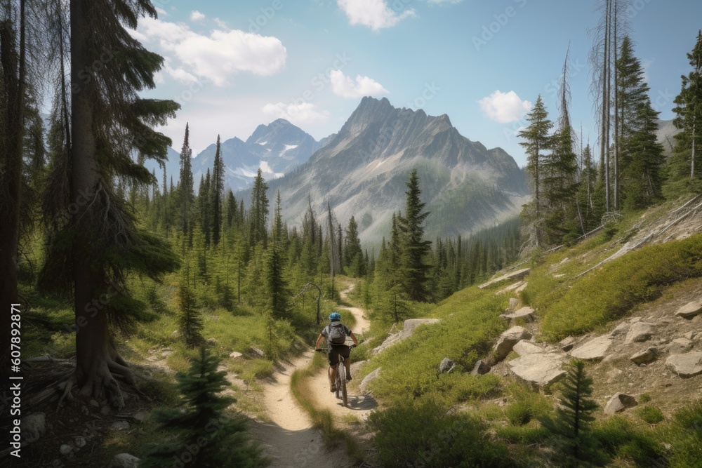 mountain biker riding through vast and pristine wilderness, with towering peaks in the background, created with generative ai