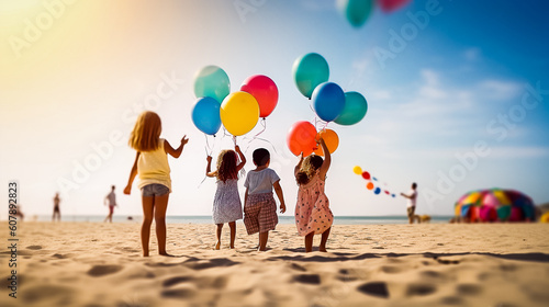 Enfants jouant sur la plage avec des ballons en été - Générative IA
