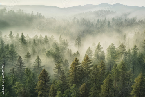 Foggy pine forest view from above Generative AI photo