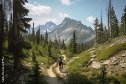 mountain biker riding through vast and pristine wilderness, with towering peaks in the background, created with generative ai