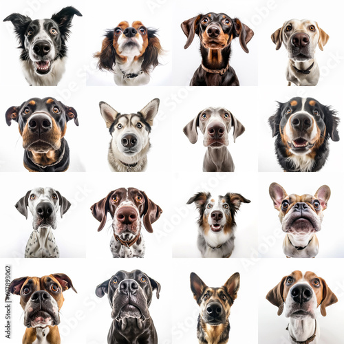 wide-angle view portraits of dogs of different breeds.