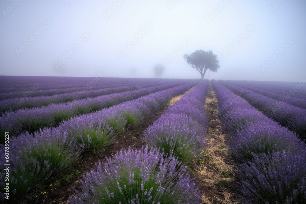 lavender field blanketed in misty morning fog, created with generative ai