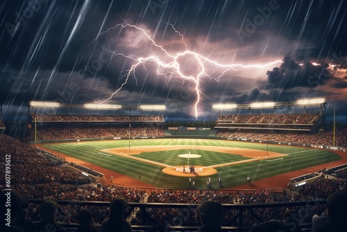 Baseball club crafted from the essence of thunderstorms, crackling with electricity as it strikes the ball, unleashing electrifying sparks that illuminate the field illustration generative ai photo