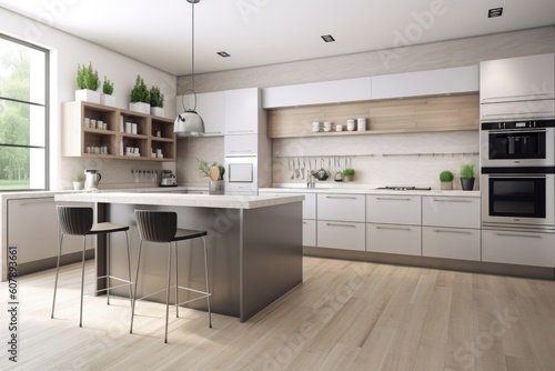 clutter-free kitchen with sleek appliances  minimalist countertops  and a clean floor  created with generative ai