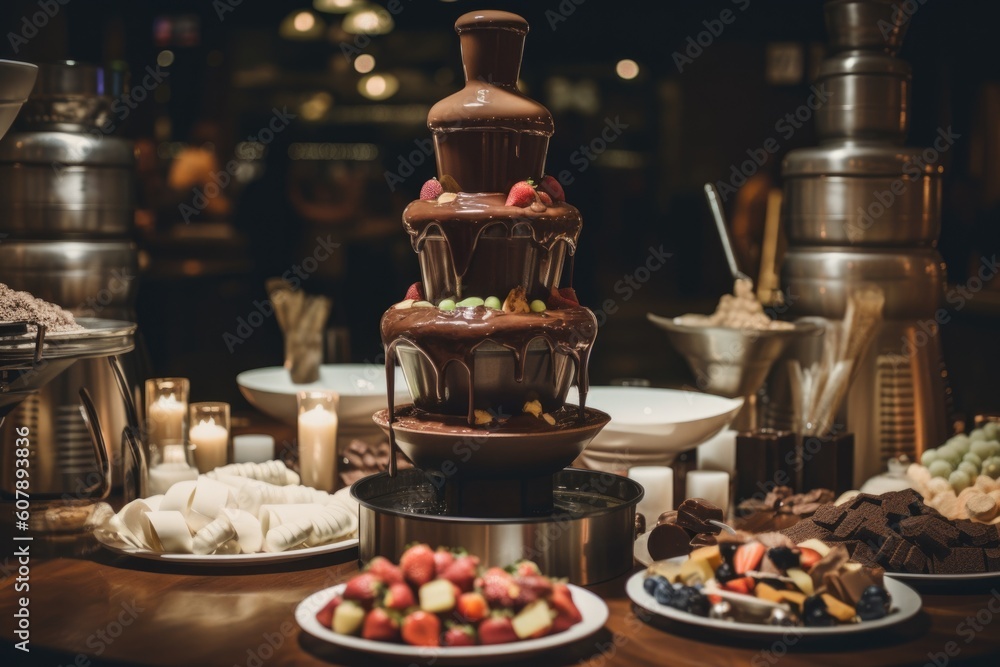 chocolate fountain surrounded by elegant and refined dessert plates, created with generative ai chocolate fountain surrounded by elegant and refined dessert plates, created with generative ai