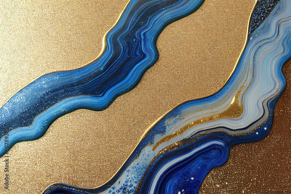 Blue and golden acrylic liquid ink swirl abstract background with ...