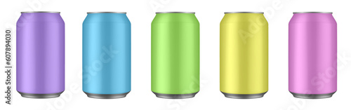 Set of pink, yellow, green, blue and purple tin cans of energy drink, juice or soda. Cocktail of fitness drink. Cold beverages