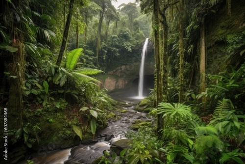 majestic waterfall cascading into jungle valley, created with generative ai