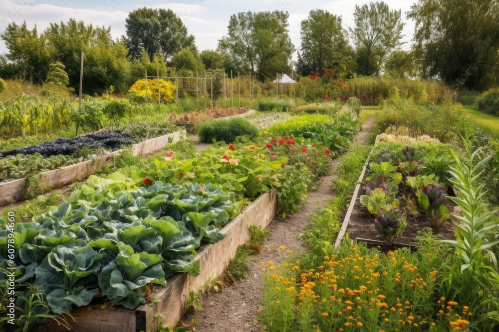 community garden with variety of fruits and vegetables, ready to harvest, created with generative ai