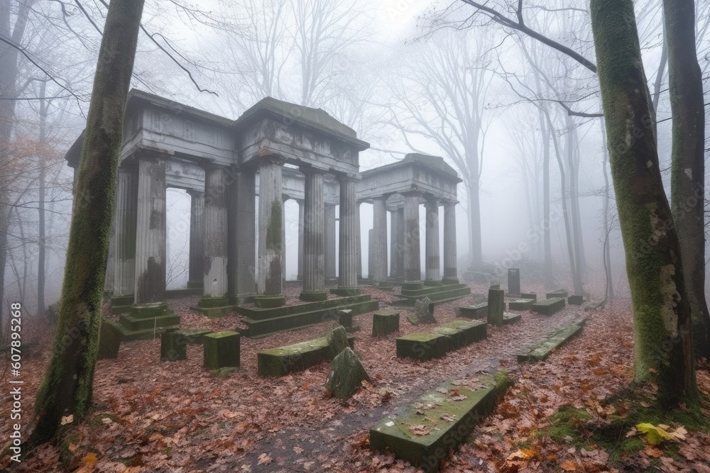 Naklejka premium abandoned temple, with broken columns and half-buried stones, in the misty forest, created with generative ai
