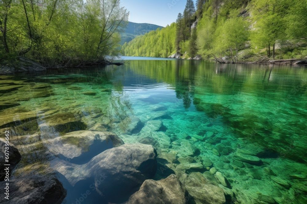 crystal-clear lake surrounded by lush greenery, with a view of the mountains in the distance, created with generative ai crystal-clear lake surrounded by lush greenery, with a view of the mountains in the distance, created with generative ai