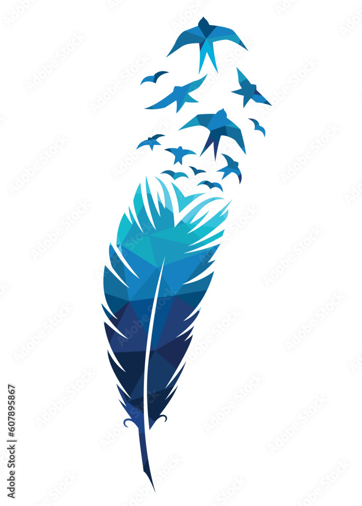 Print art concept colorful design tattoo black feather flying birds swallows silhouette. Vector illustration fly magical pen writer writing - obrazy, fototapety, plakaty 
