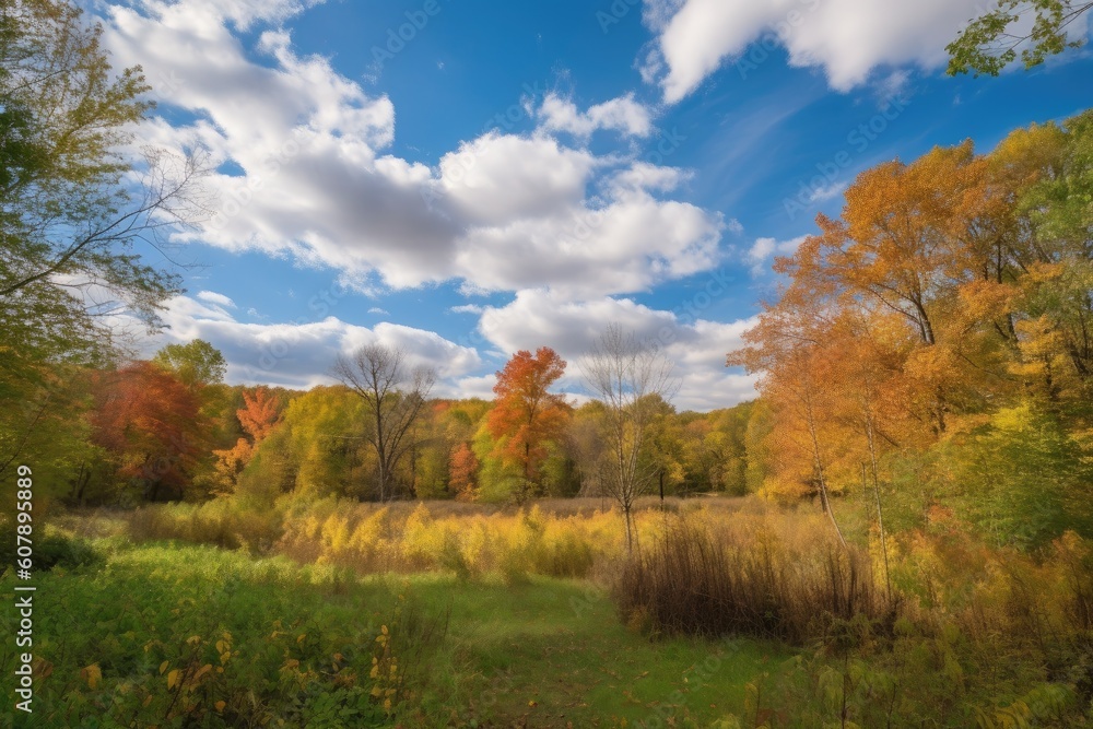 fall foliage in the park with clear blue sky and fluffy clouds, created with generative ai