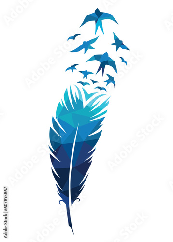Print art concept colorful design tattoo black feather flying birds swallows silhouette. Vector illustration fly magical pen writer writing