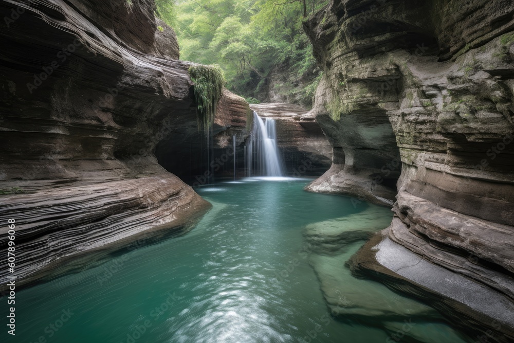 Naklejka premium natural rock formation with a waterfall and pool of water, created with generative ai