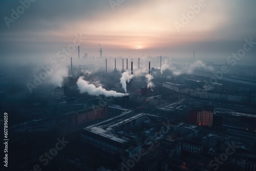 industrial plant, with smoke and fog from factory chimneys drifting over the city, created with generative ai