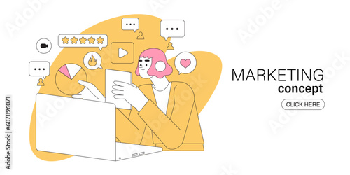 Digital marketing concept for internet, web banner and app design and development, seo, social network. Business marketing, strategy, planning, digital advertising, social media and communication.