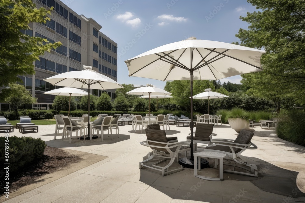 outdoor seating area with lounge chairs and parasols, providing shade in the hot sun, created with generative ai