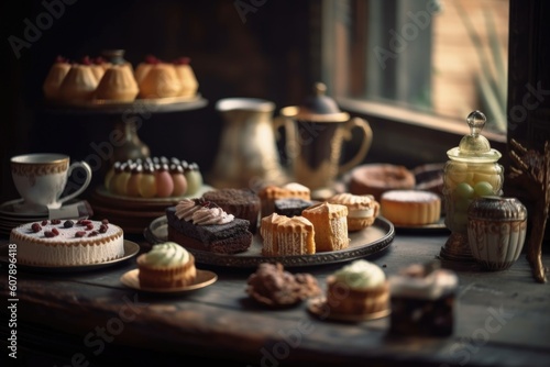 coffee break with pastries and mini cakes in vintage setting  created with generative ai