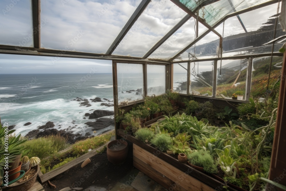 greenhouse with view of the ocean, waves crashing against the shore, created with generative ai greenhouse with view of the ocean, waves crashing against the shore, created with generative ai