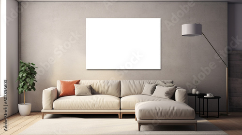 Painting mockup hanging on the wall of a minimalist room interior, generated by AI