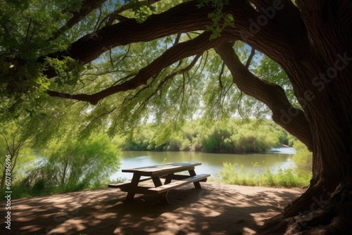 picnic table under shady tree, with view of a tranquil lake, created with generative ai