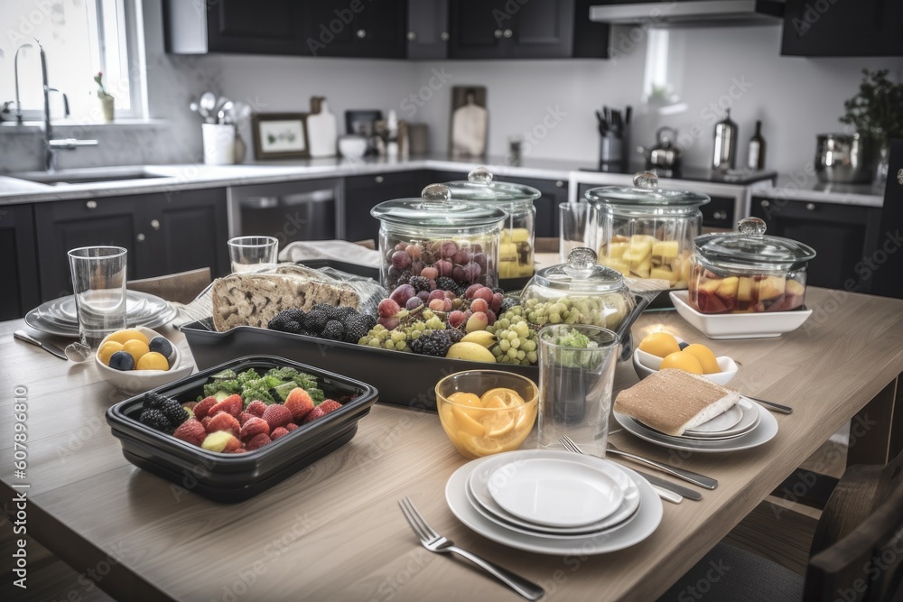 stylish dining room with meal prep spread, ready for healthy and delicious meals, created with generative ai stylish dining room with meal prep spread, ready for healthy and delicious meals, created with generative ai
