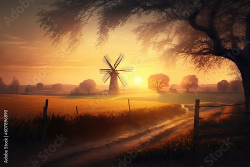 scenic view of sunset over fields and trees with a windmill in the distance, created with generative ai