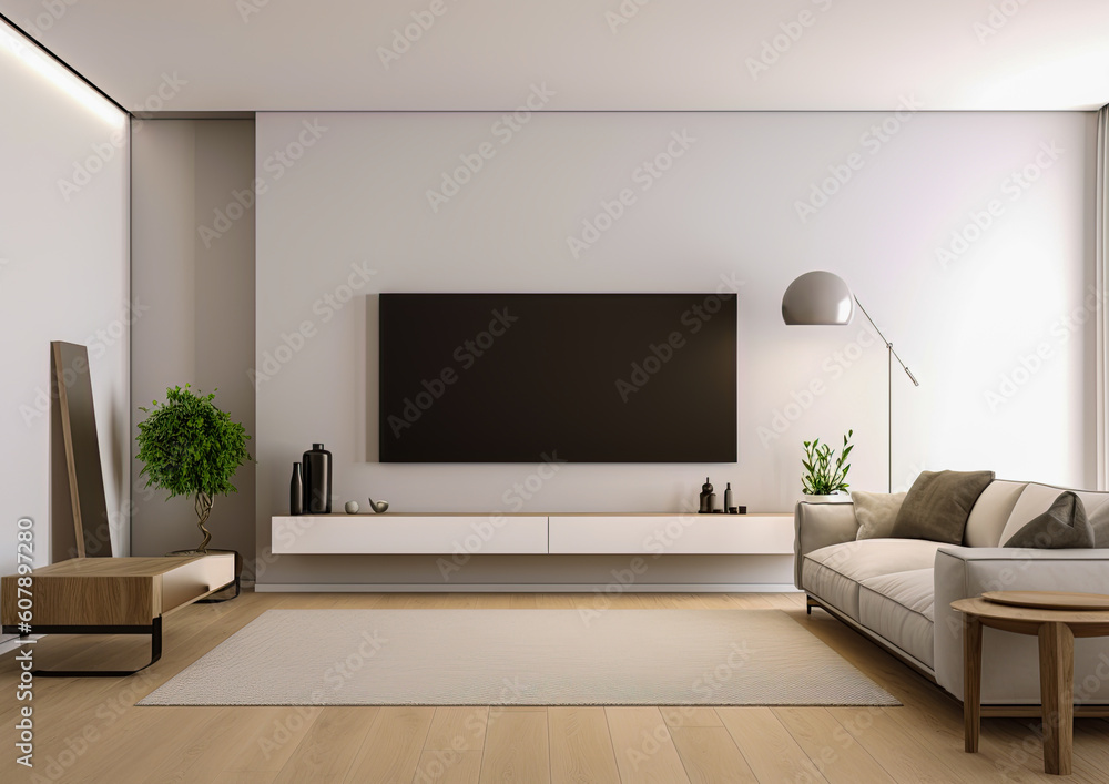Tv mockup in modern living room. Empty screen. Copy space. Generative Ai illustration Tv mockup in modern living room. Empty screen. Copy space. Generative Ai illustration